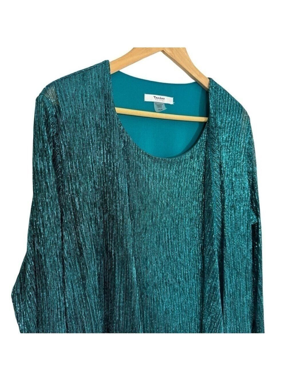 TanJay Sparkly Cocktail Top Sz Large Petite LP Turquoise Faux Cardigan EUC